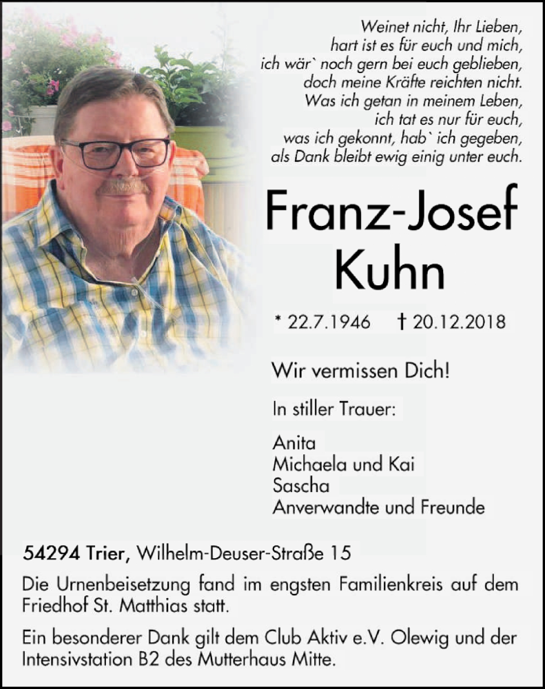  Traueranzeige für Franz-Josef Kuhn vom 12.01.2019 aus trierischer_volksfreund
