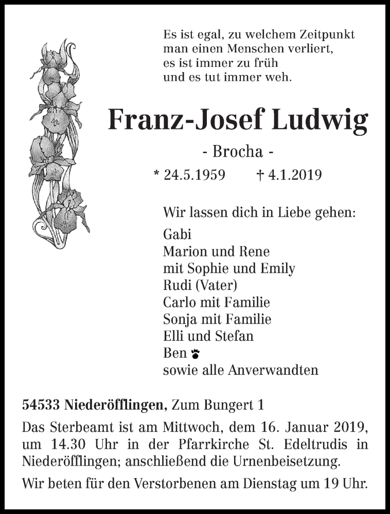  Traueranzeige für Franz-Josef Ludwig vom 12.01.2019 aus trierischer_volksfreund
