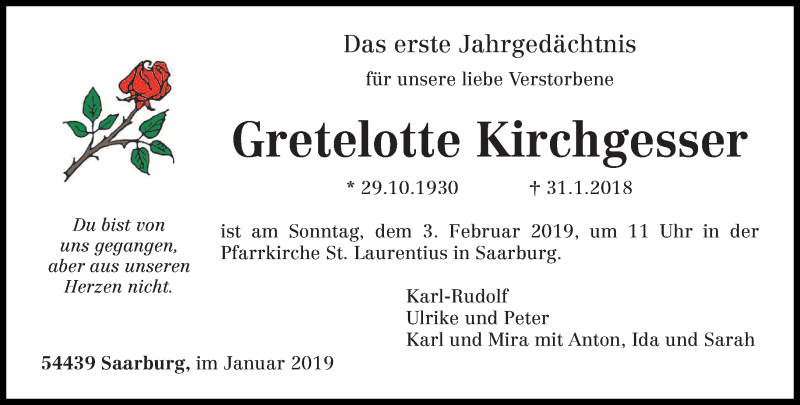  Traueranzeige für Gretelotte Kirchgesser vom 26.01.2019 aus trierischer_volksfreund