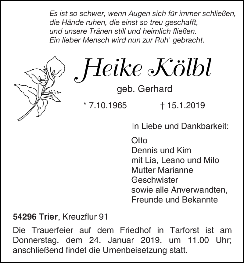  Traueranzeige für Heike Kölbl vom 19.01.2019 aus trierischer_volksfreund