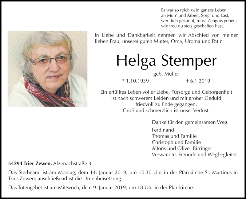  Traueranzeige für Helga Stemper vom 09.01.2019 aus trierischer_volksfreund