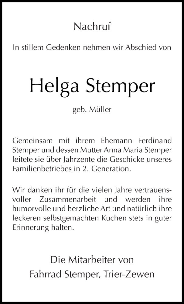  Traueranzeige für Helga Stemper vom 09.01.2019 aus trierischer_volksfreund