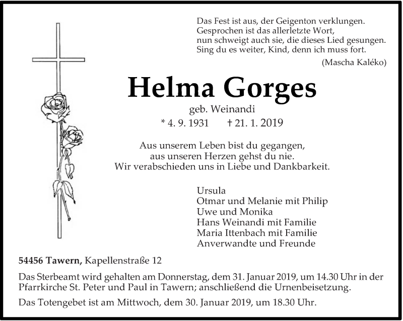  Traueranzeige für Helma Gorges vom 26.01.2019 aus trierischer_volksfreund