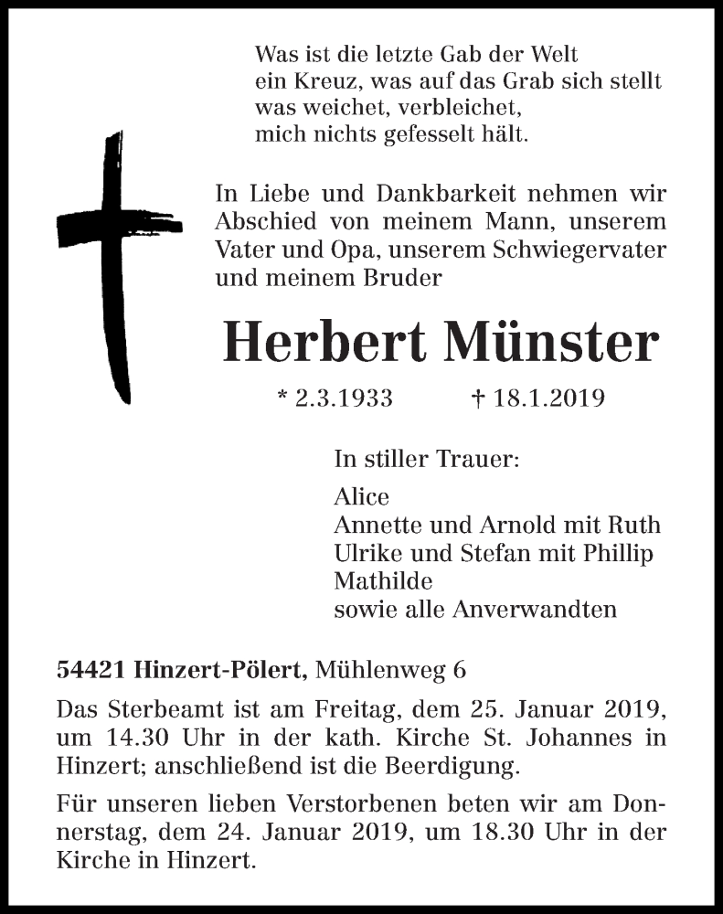  Traueranzeige für Herbert Münster vom 22.01.2019 aus trierischer_volksfreund
