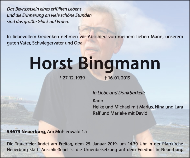  Traueranzeige für Horst Bingmann vom 19.01.2019 aus trierischer_volksfreund