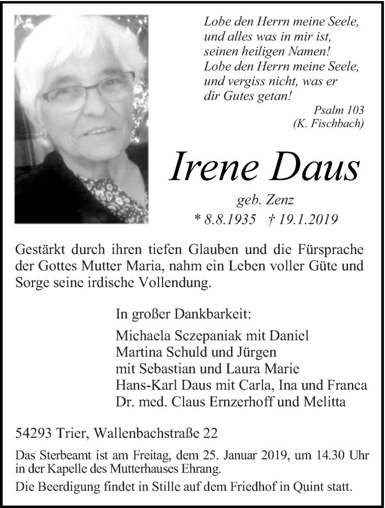  Traueranzeige für Irene Daus vom 22.01.2019 aus trierischer_volksfreund