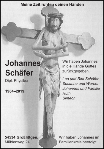 Traueranzeige von Johannes Schäfer von trierischer_volksfreund