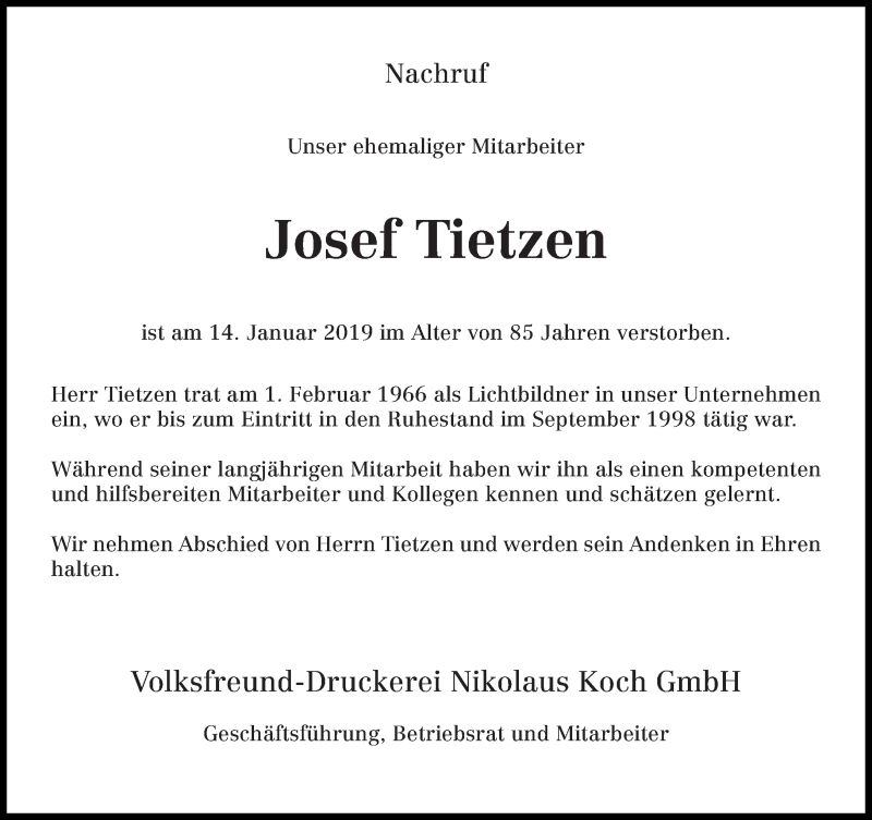  Traueranzeige für Josef Tietzen vom 26.01.2019 aus trierischer_volksfreund