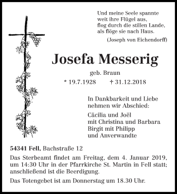 Traueranzeige von Josefa Messerig von trierischer_volksfreund