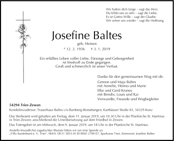 Traueranzeige von Josefine Baltes von trierischer_volksfreund
