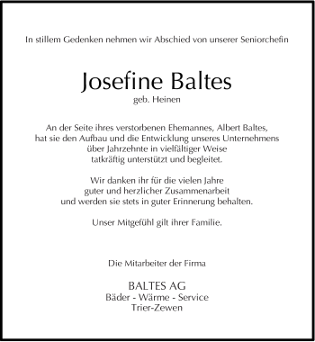 Traueranzeige von Josefine Baltes von trierischer_volksfreund