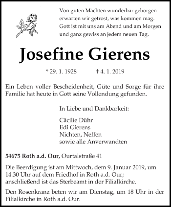 Traueranzeige von Josefine Gierens von trierischer_volksfreund