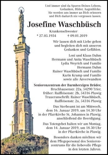 Traueranzeige von Josefine Waschbüsch von trierischer_volksfreund
