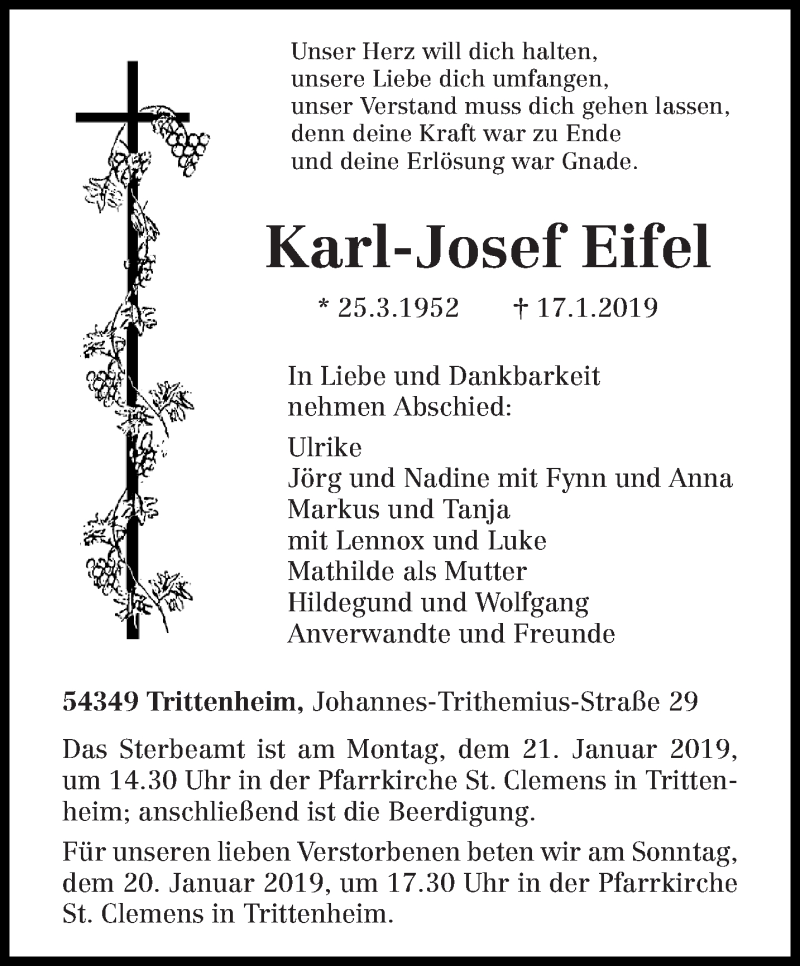  Traueranzeige für Karl-Josef Eifel vom 19.01.2019 aus trierischer_volksfreund