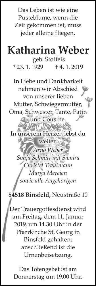 Traueranzeige von Katharina Weber von trierischer_volksfreund