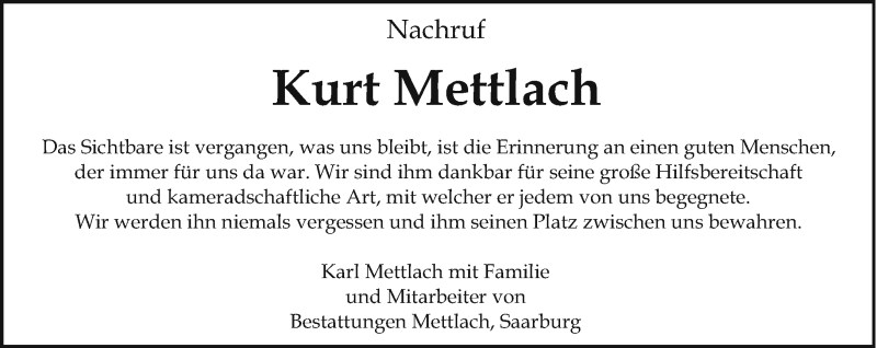  Traueranzeige für Kurt Mettlach vom 12.01.2019 aus trierischer_volksfreund