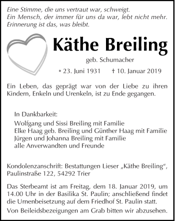 Traueranzeige von Käthe Breiling von trierischer_volksfreund