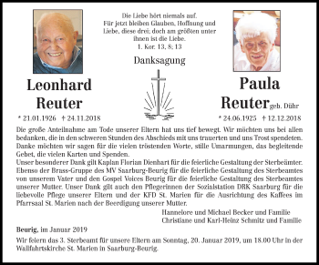 Traueranzeige von Leonhard und Paula Reuter von trierischer_volksfreund