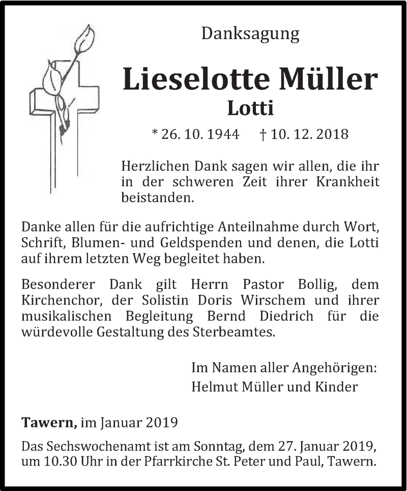  Traueranzeige für Lieselotte Müller vom 19.01.2019 aus trierischer_volksfreund