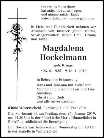Traueranzeige von Magdalena Hockelmann von trierischer_volksfreund