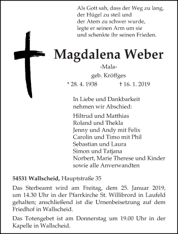 Traueranzeige von Magdalena Weber von trierischer_volksfreund