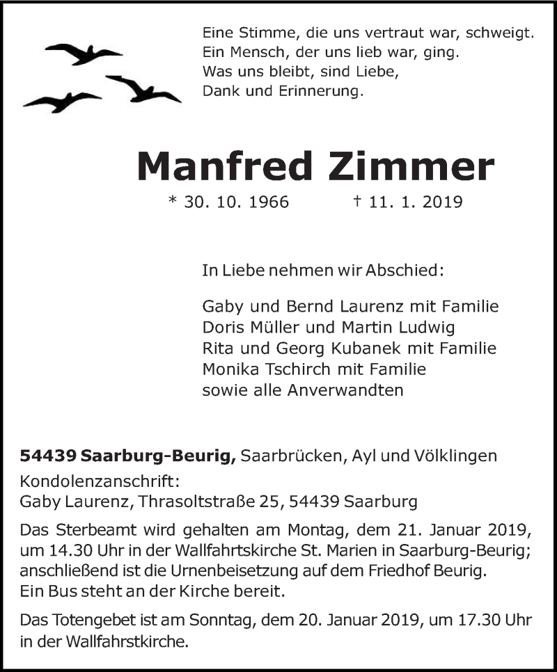  Traueranzeige für Manfred Zimmer vom 17.01.2019 aus trierischer_volksfreund