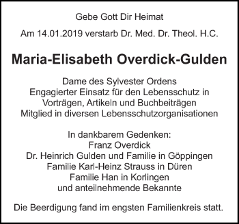 Traueranzeige von Maria-Elisabeth Overdick-Gulden von trierischer_volksfreund