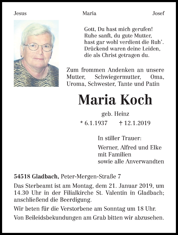  Traueranzeige für Maria Koch vom 16.01.2019 aus trierischer_volksfreund