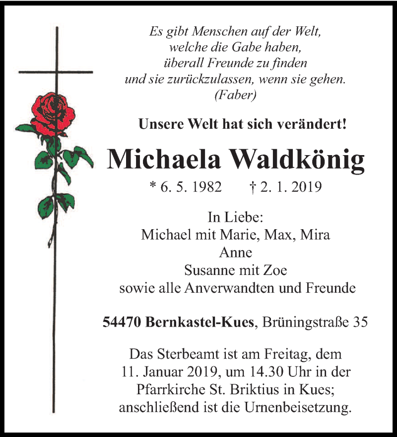  Traueranzeige für Michaela Waldkönig vom 05.01.2019 aus trierischer_volksfreund