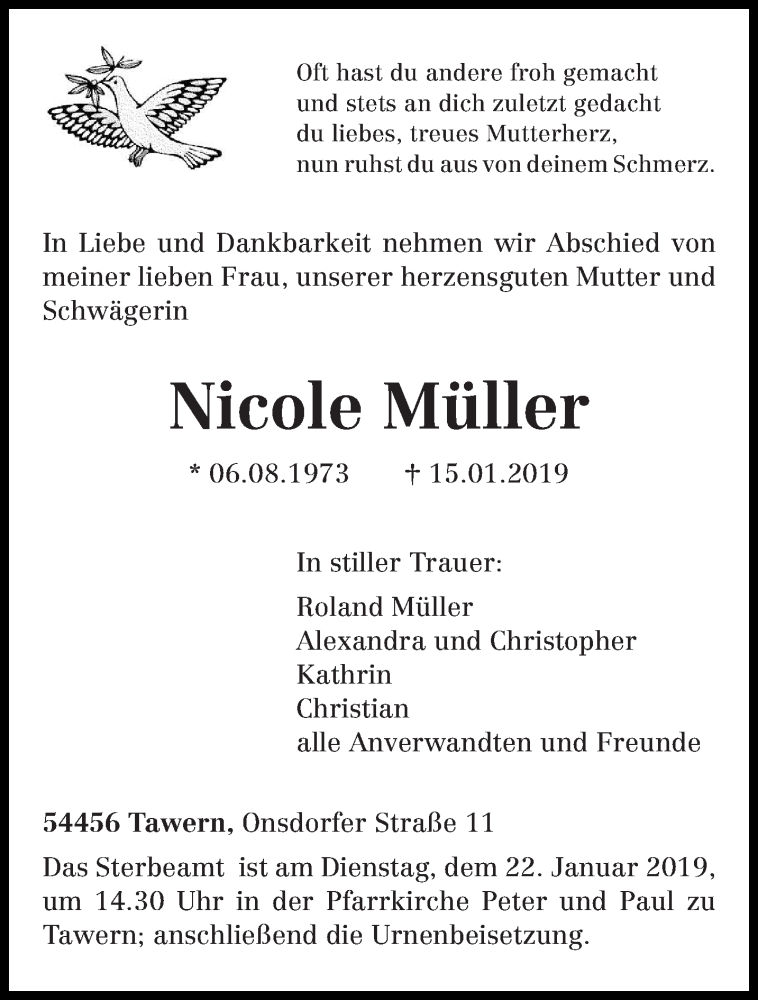  Traueranzeige für Nicole Müller vom 18.01.2019 aus trierischer_volksfreund