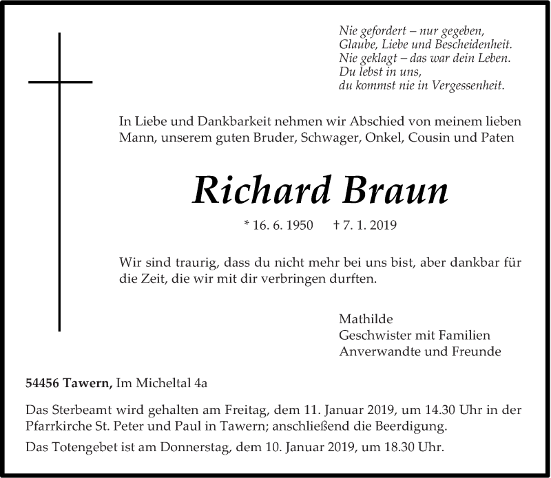  Traueranzeige für Richard Braun vom 09.01.2019 aus trierischer_volksfreund