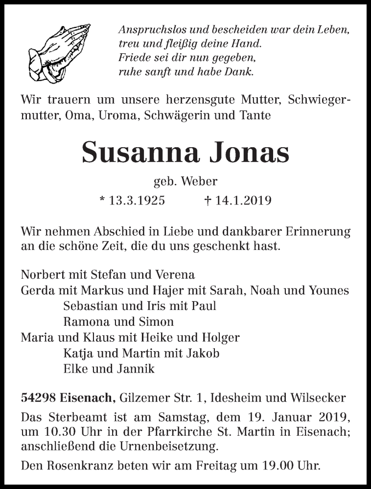  Traueranzeige für Susanna Jonas vom 16.01.2019 aus trierischer_volksfreund