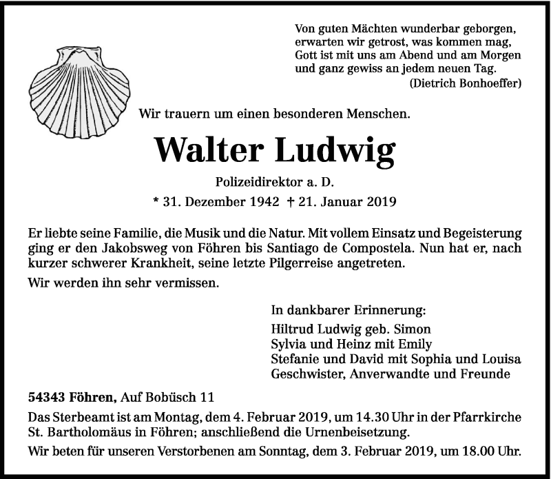  Traueranzeige für Walter Ludwig vom 30.01.2019 aus trierischer_volksfreund
