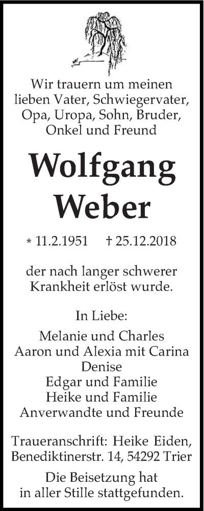  Traueranzeige für Wolfgang Weber vom 05.01.2019 aus trierischer_volksfreund