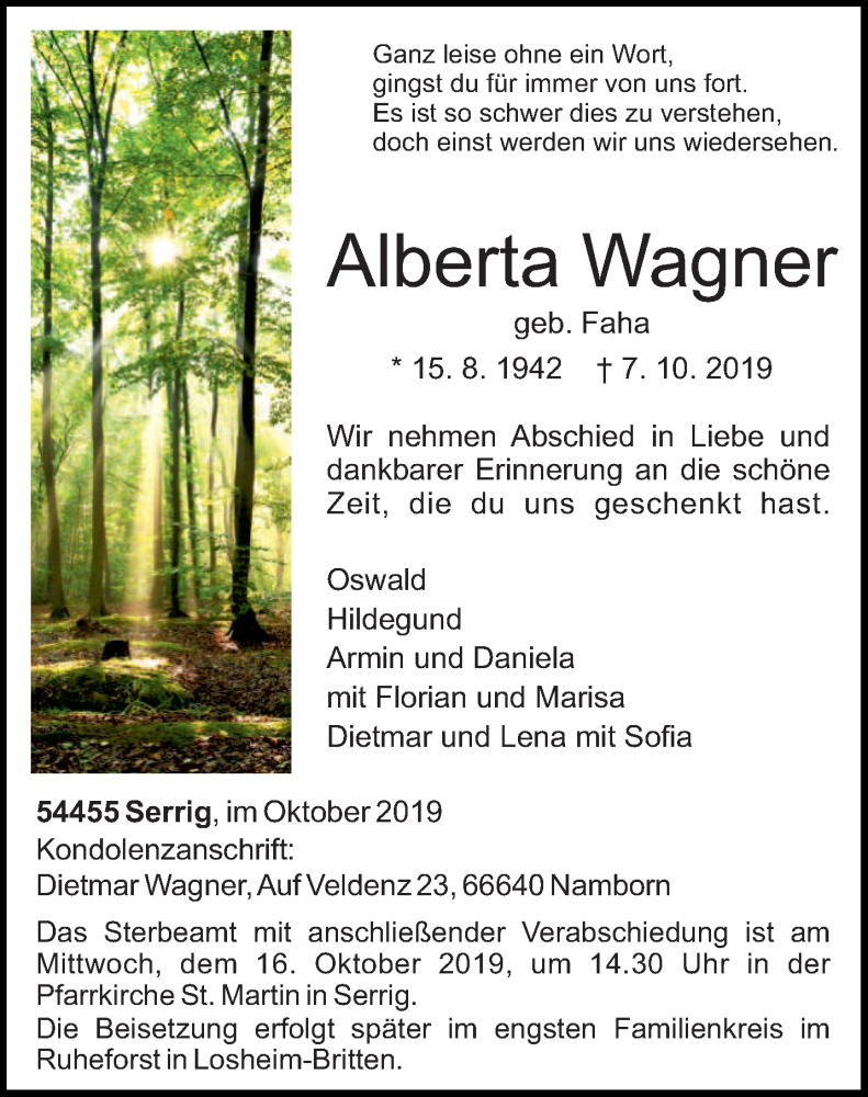  Traueranzeige für Alberta Wagner vom 14.10.2019 aus trierischer_volksfreund