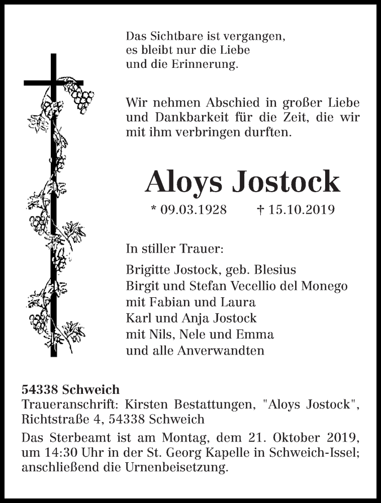  Traueranzeige für Aloys Jostock vom 17.10.2019 aus trierischer_volksfreund