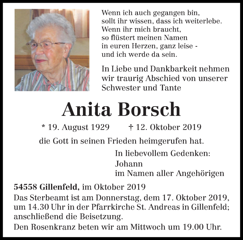  Traueranzeige für Anita Borsch vom 15.10.2019 aus trierischer_volksfreund