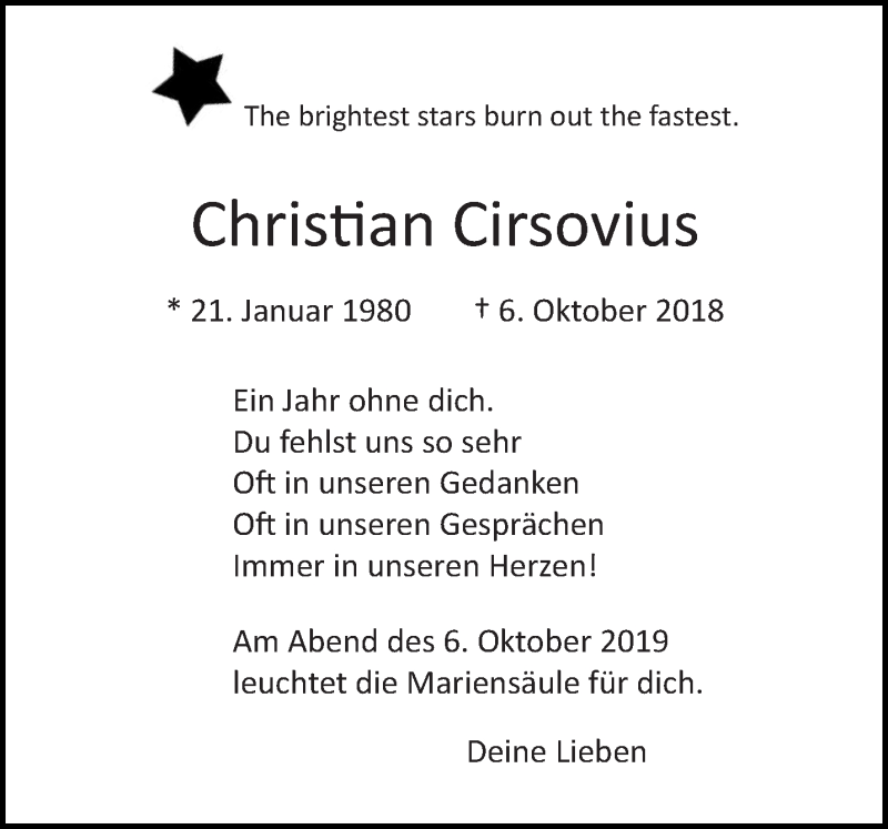  Traueranzeige für Christian Cirsovius vom 05.10.2019 aus trierischer_volksfreund