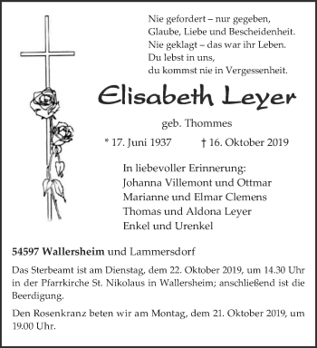 Traueranzeige von Elisabeth Leyer von trierischer_volksfreund