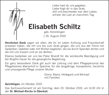Traueranzeige von Elisabeth Schiltz von trierischer_volksfreund
