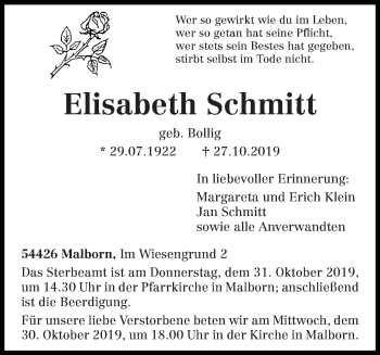 Traueranzeige von Elisabeth Schmitt von trierischer_volksfreund