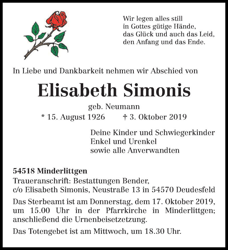  Traueranzeige für Elisabeth Simonis vom 11.10.2019 aus trierischer_volksfreund