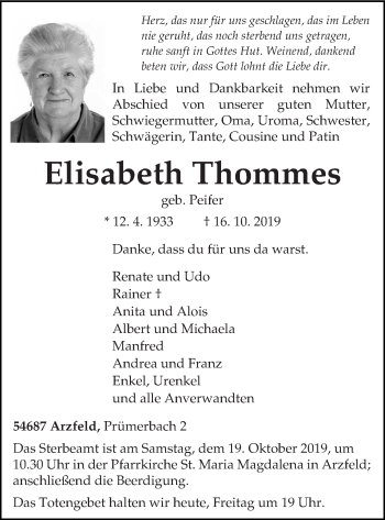 Traueranzeige von Elisabeth Thommes von trierischer_volksfreund