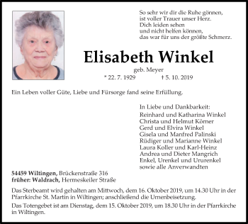 Traueranzeige von Elisabeth Winkel von trierischer_volksfreund