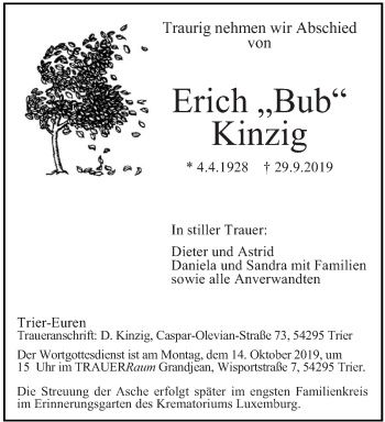 Traueranzeige von Erich Kinzig von trierischer_volksfreund