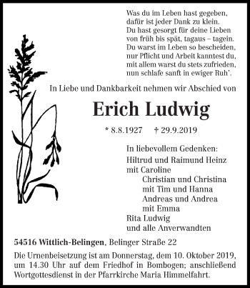 Traueranzeige von Erich Ludwig von trierischer_volksfreund