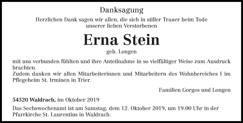  Traueranzeige für Erna Stein vom 05.10.2019 aus trierischer_volksfreund