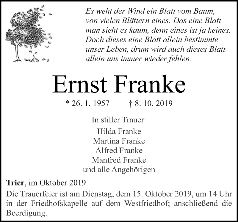  Traueranzeige für Ernst Franke vom 10.10.2019 aus trierischer_volksfreund