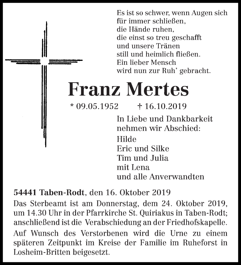  Traueranzeige für Franz Mertes vom 22.10.2019 aus trierischer_volksfreund
