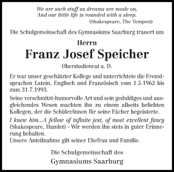 Traueranzeige von Franz Josef Speicher von trierischer_volksfreund